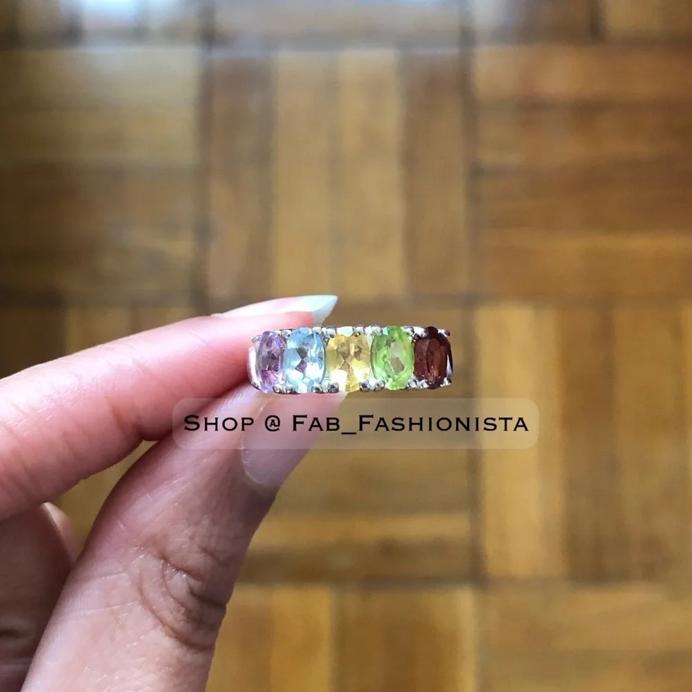 Multi-Stone Gemstone Rainbow Ring Sterling Silver size 5.75